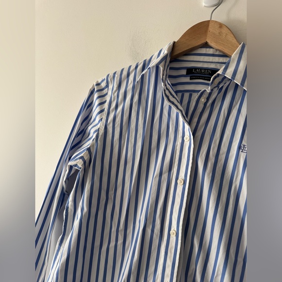 Lauren Ralph Lauren Blue Jamelko Stipe Cotton Logo Shirt Stretch Non Iron - Picture 5 of 10